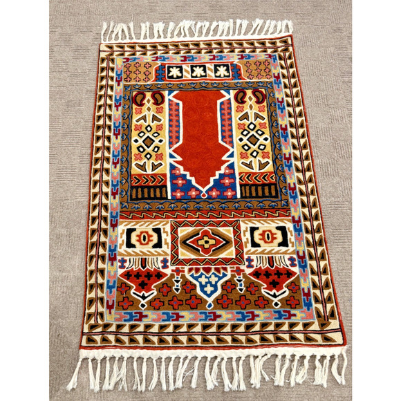Vintage Kashmiri Small Chain Stitch Rug Wallhanging Bright 24